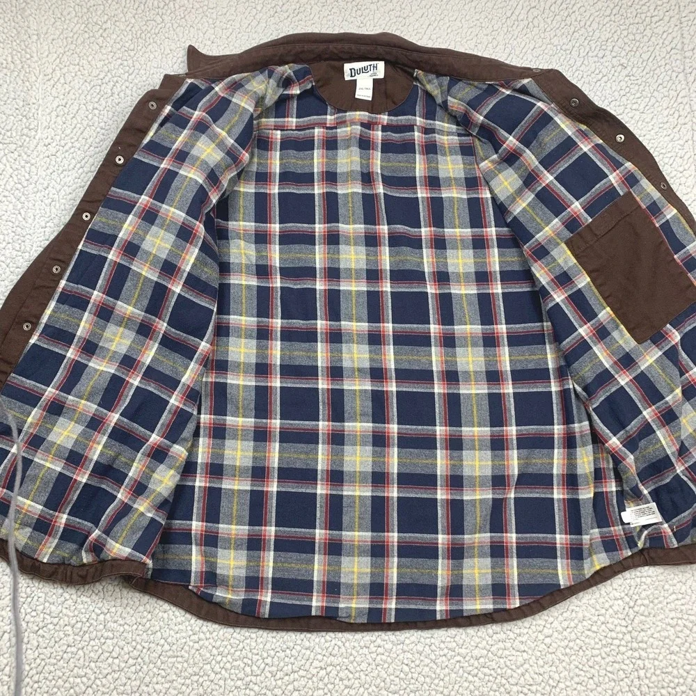 Duluth Trading Co Shirt Jacket Mens 2XL Tall Brown Cotton Canvas Plaid‎ Lined
